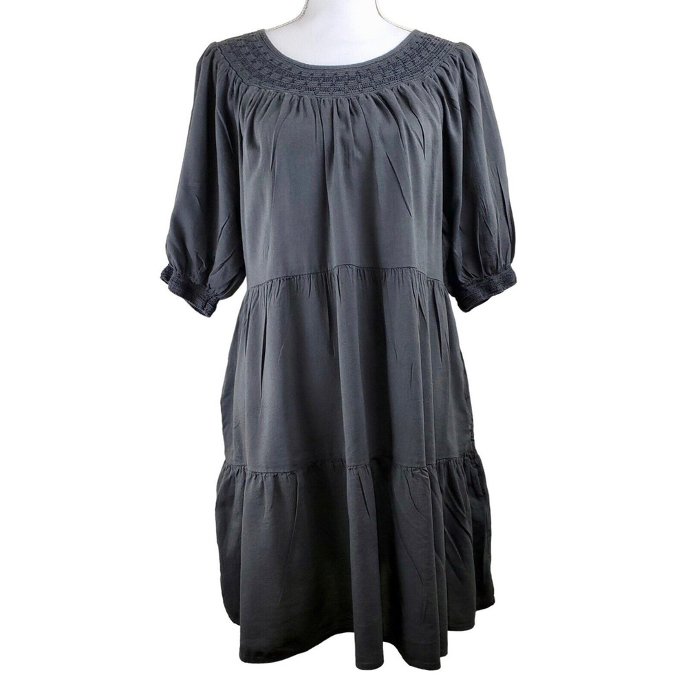 Old Navy Women’s Gray Boho Tiered Cinched Short Sleeve Side Pockets Dress, Sz L